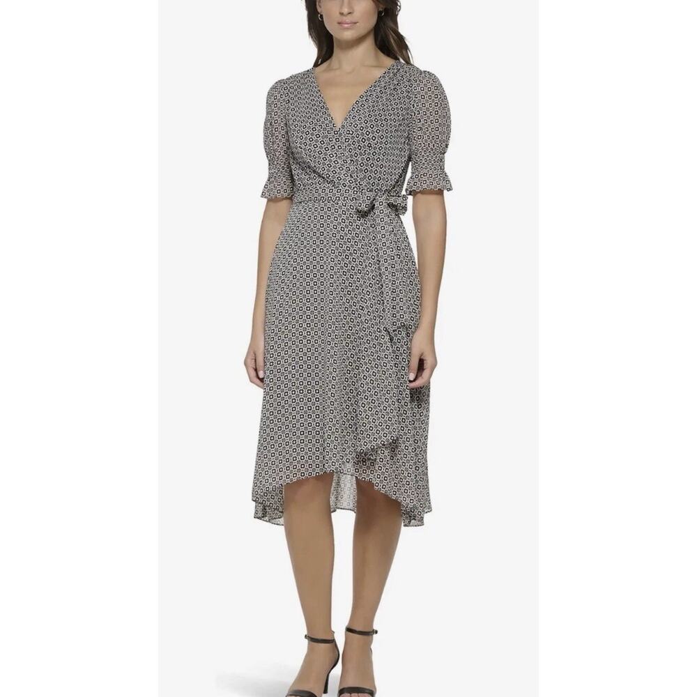 Flowy Spring Dress Black White Small Print Tie Waist Tommy Hilfiger Sz 14 NWT
